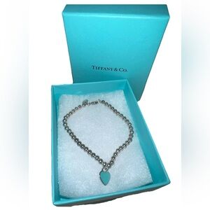Tiffany & Co. Silver Beaded Bracelet with Turquoise Blue Heart Charm
